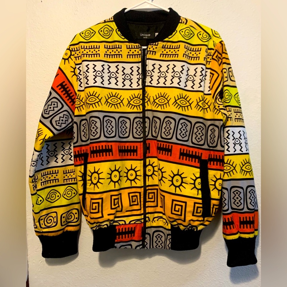 Unique Tribal African Full Zip Bomber Jacket Mens Medium Tribal Art Colorful